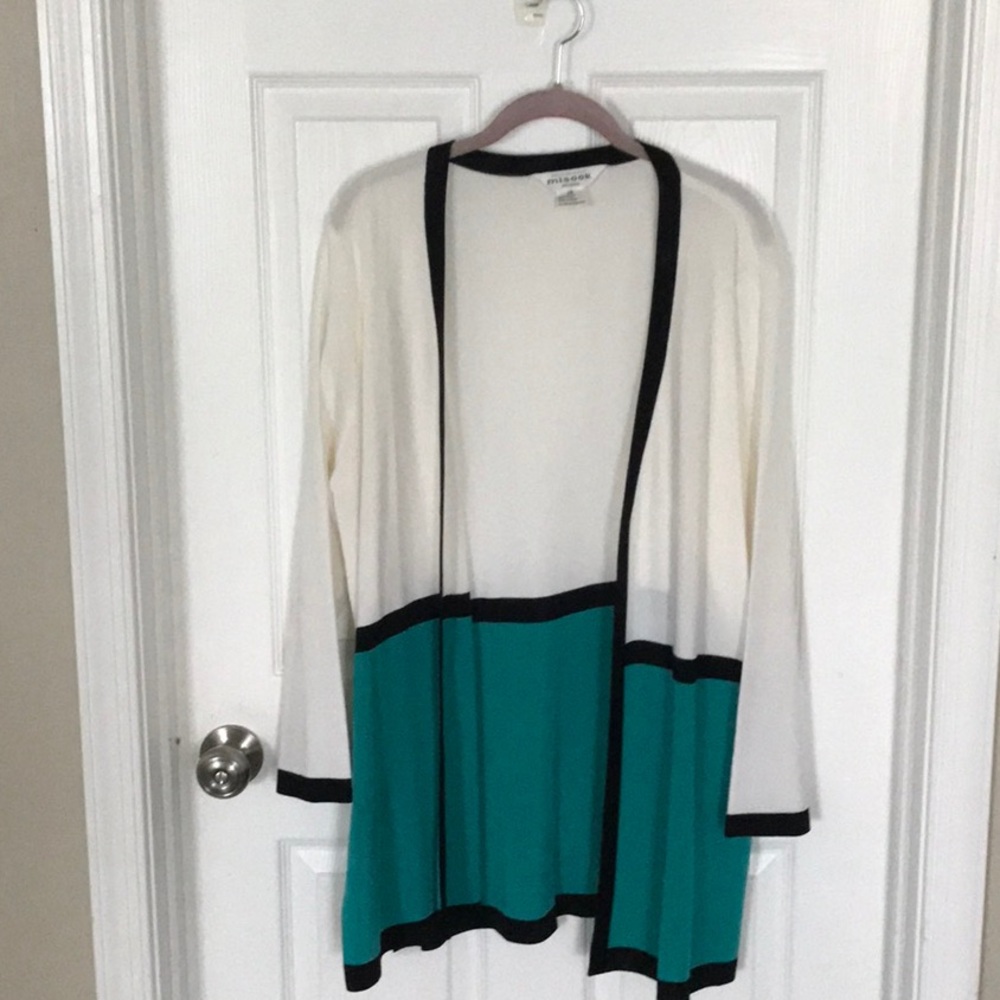 Misook White and Green Cardigan Sweater